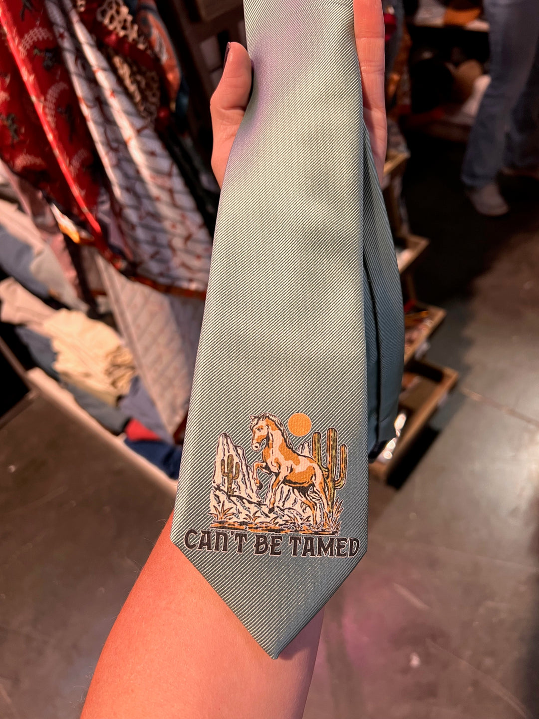 Gray tie with a decorative emblem and text held by a hand against a blurred background