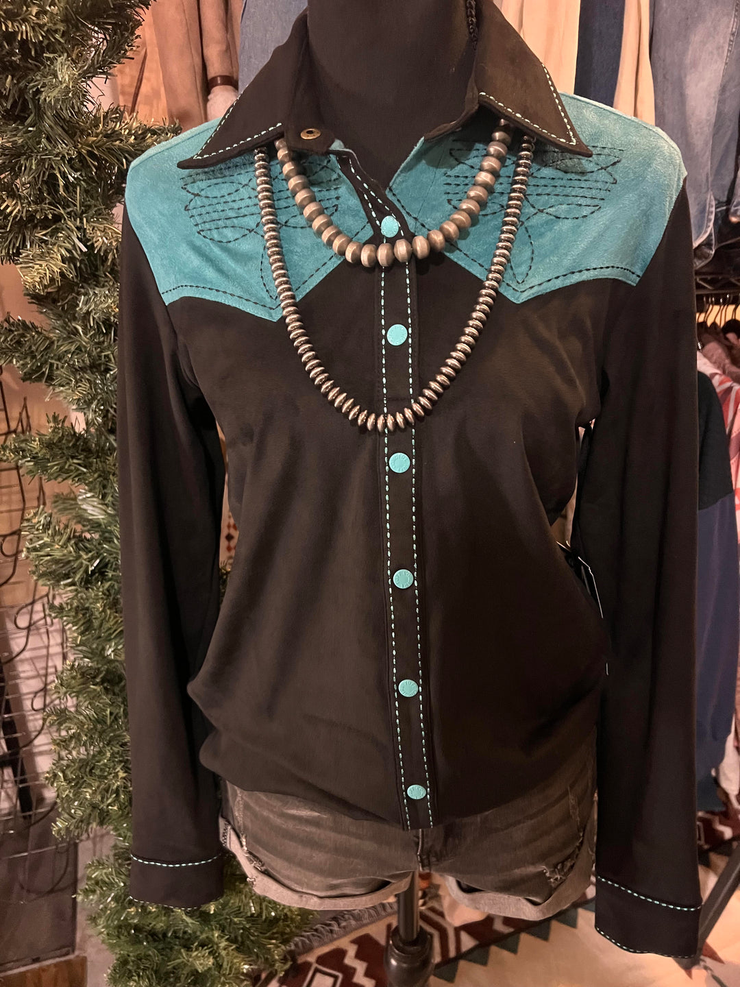 Cowgirl Tuff Pullover Button Up – Black With Turquoise Accents (Mid-Weight Stretch Suede)