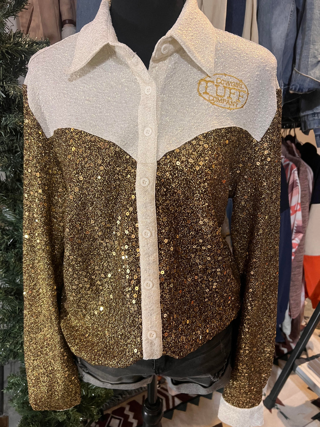 Cowgirl Tuff Gold Buckle Sequin with Cream Shimmer Pullover Button Up