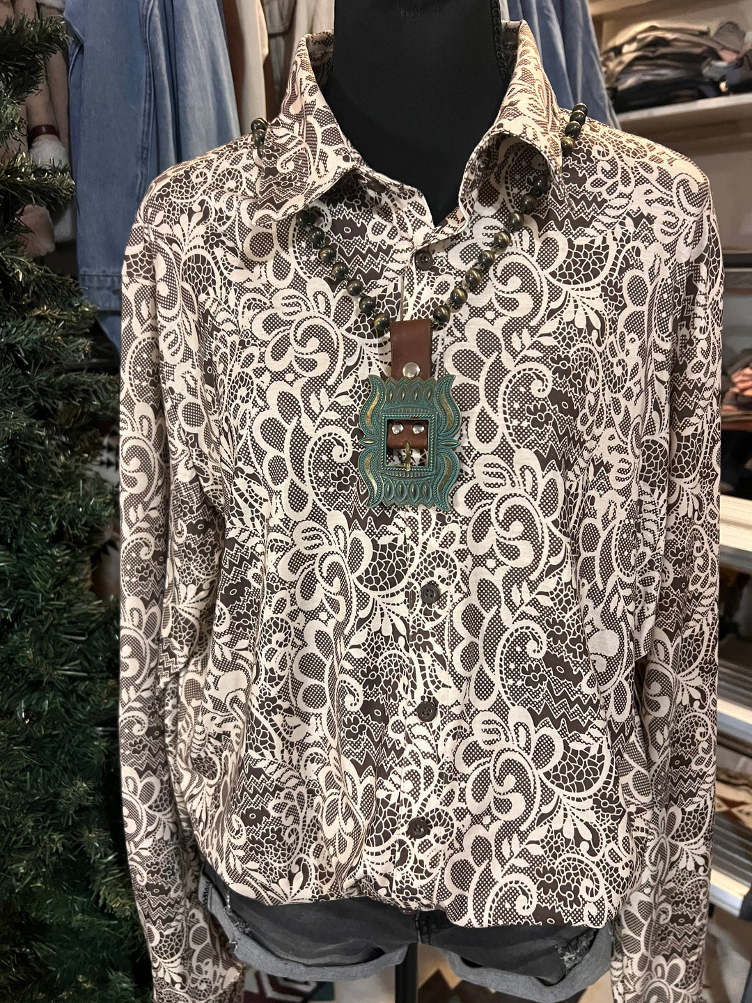 Cowgirl Tuff Pullover Button Up – Brown &amp; Cream