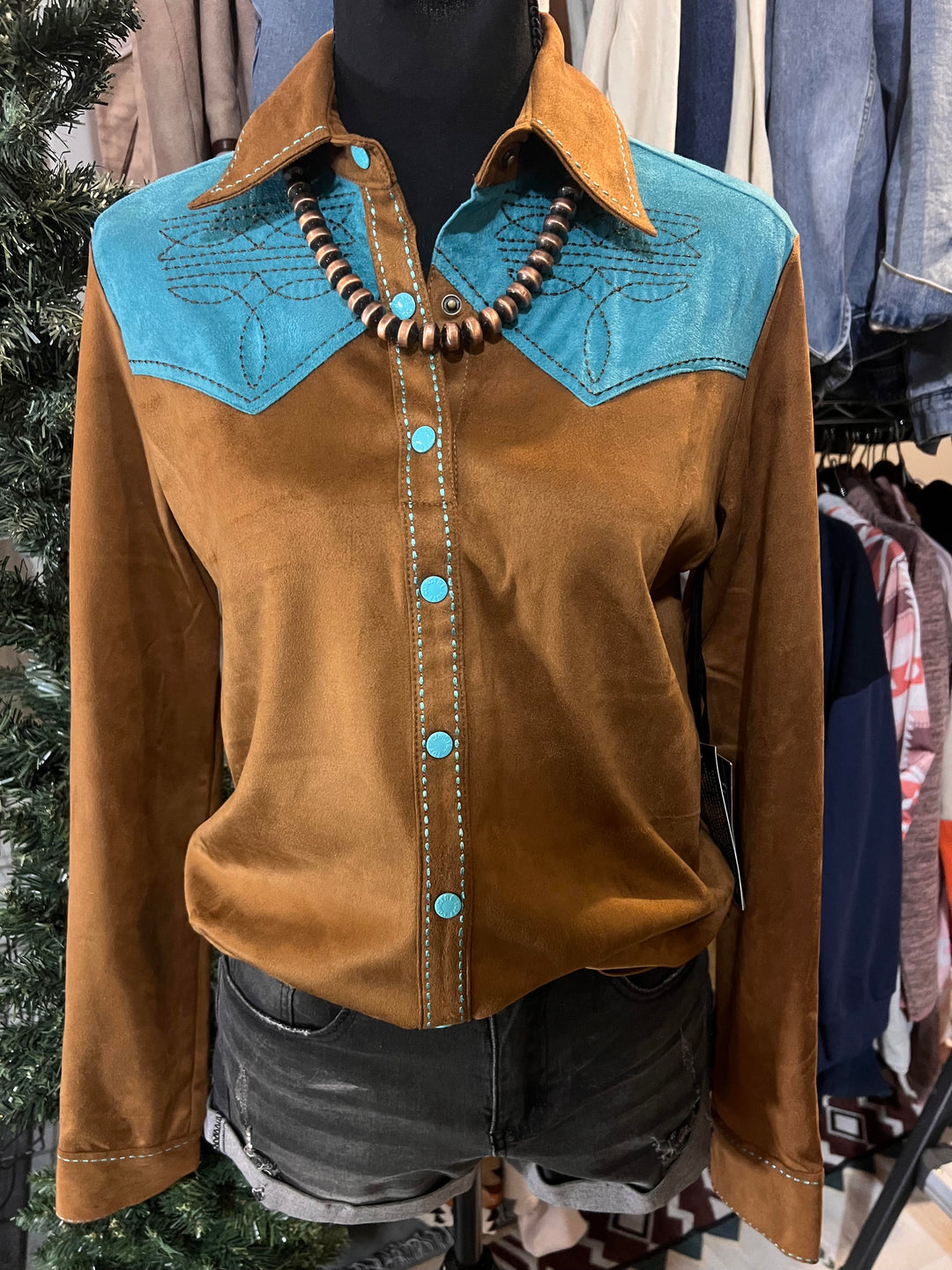 Cowgirl Tuff Pullover Button Up – Brown With Turquoise Accents (Stretch Suede)