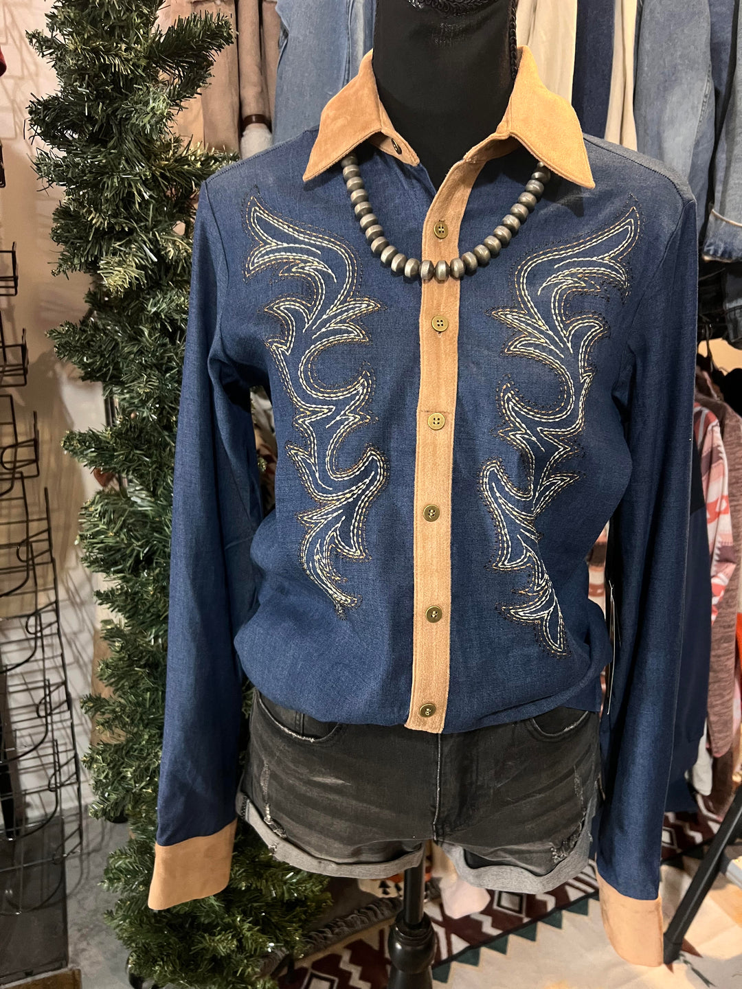 Cowgirl Tuff Pullover Button Up – Denim Blue with Tan Accents &amp; Western Swirl Embroidery