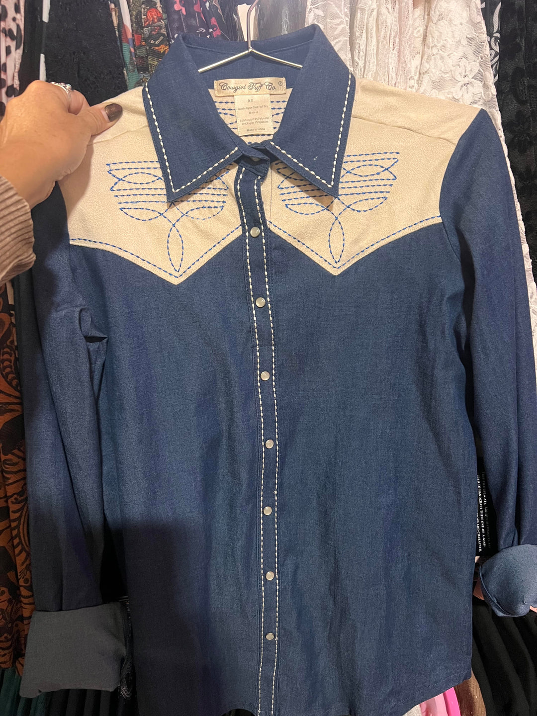 Cowgirl Tuff Pullover Button Up – Denim With Cream Accents and Embroidery Details