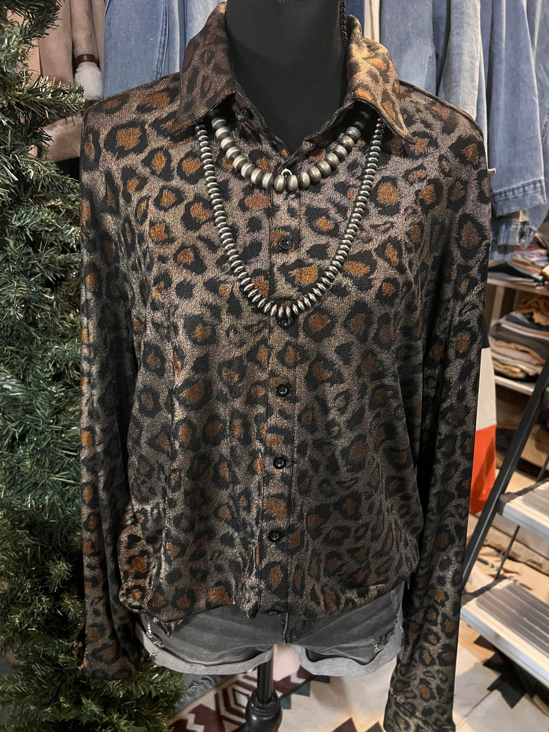 Cowgirl Tuff Pullover Button Up – Soft Copper and Gold Metallic Leopard Shimmer Lightweight High Stretch Jersey