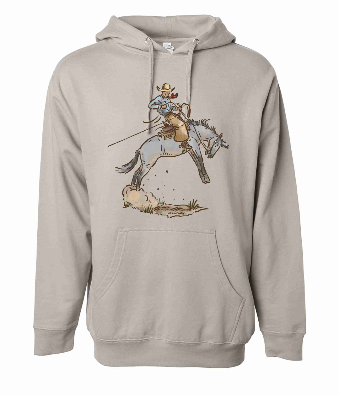 A gray hoodie featuring a western graphic hoodie/crewneck design with a cowboy and a bucking horse.