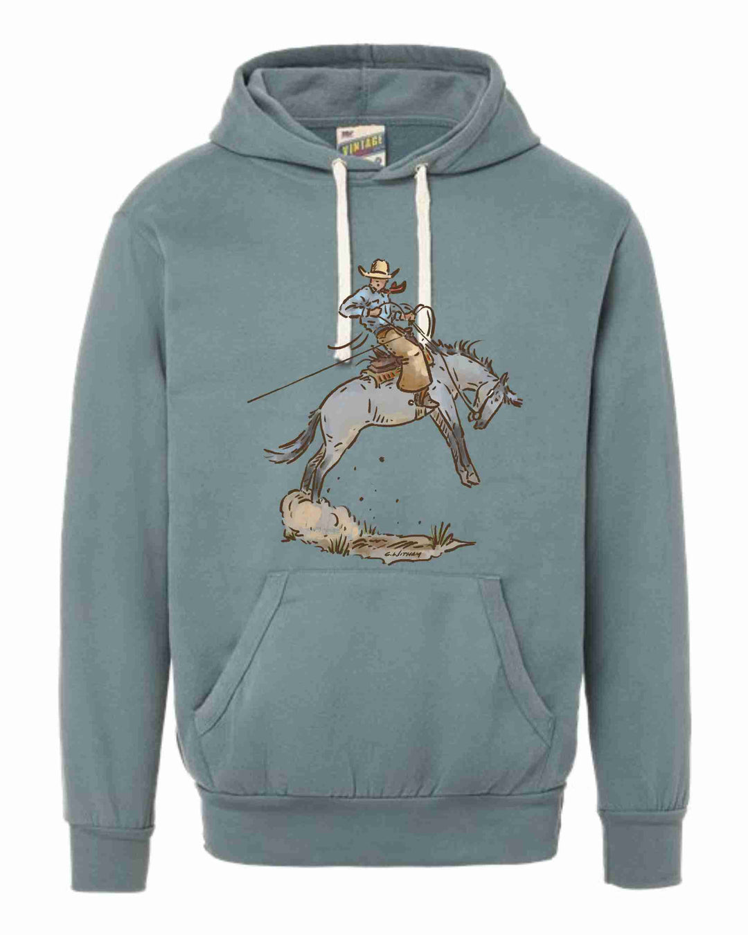 A gray hoodie featuring a western graphic hoodie/crewneck design with a cowboy and a bucking horse.