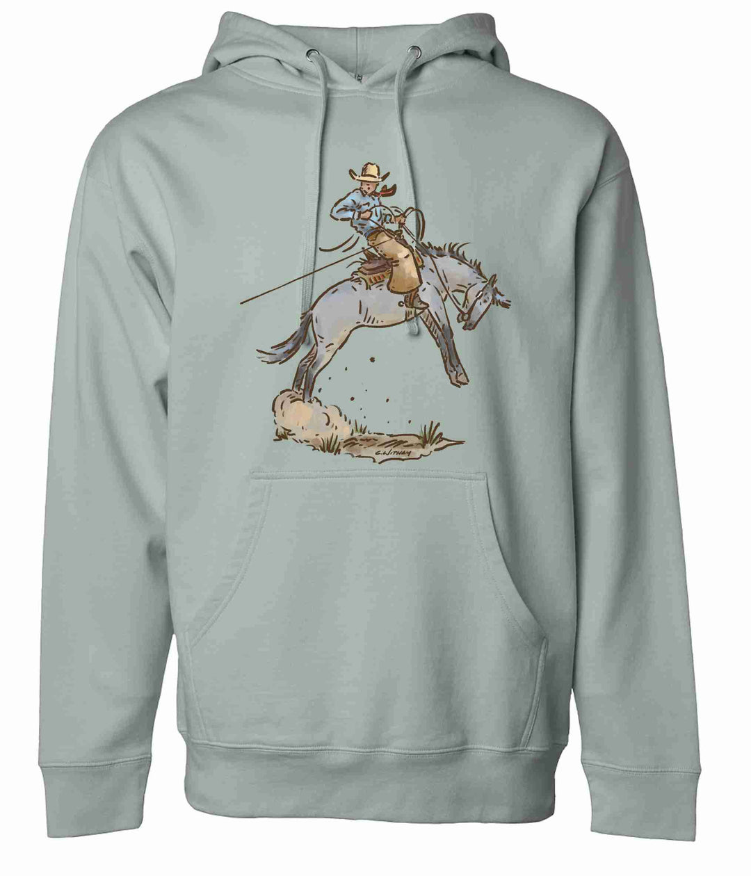 A gray hoodie featuring a western graphic hoodie/crewneck design with a cowboy and a bucking horse.