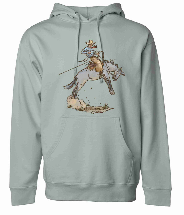 A gray hoodie featuring a western graphic hoodie/crewneck design with a cowboy and a bucking horse.