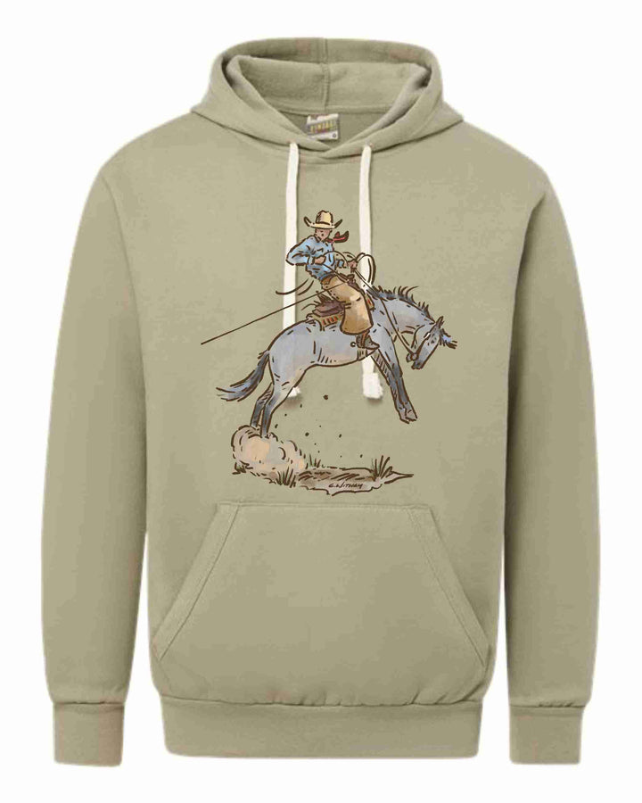 A gray hoodie featuring a western graphic hoodie/crewneck design with a cowboy and a bucking horse.