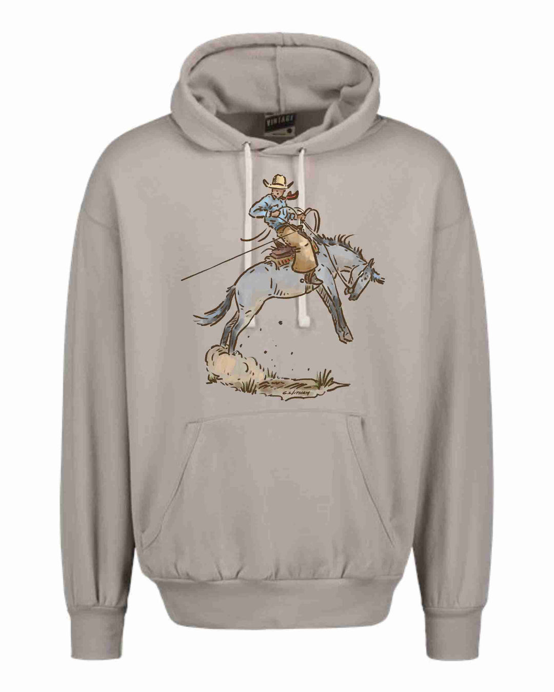 A gray hoodie featuring a western graphic hoodie/crewneck design with a cowboy and a bucking horse.