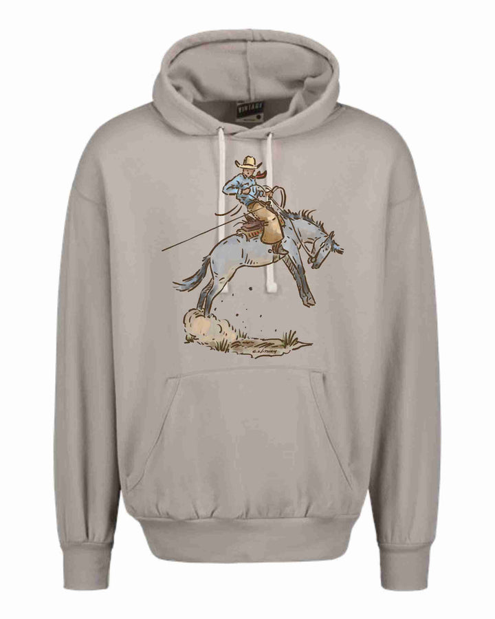 A gray hoodie featuring a western graphic hoodie/crewneck design with a cowboy and a bucking horse.