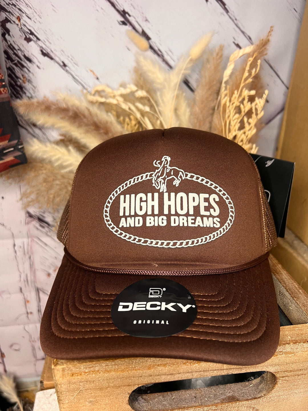 A brown ballcap with 'High Hopes and Big Dreams' printed on it, framed by a rope design, and a bronc rider at the top.