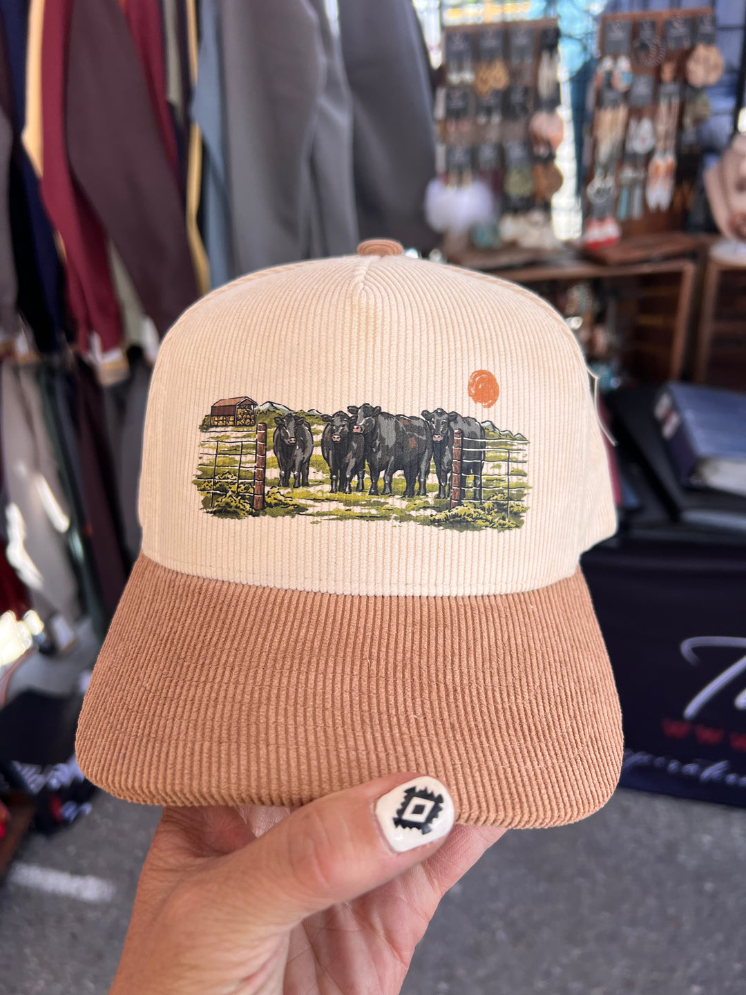 Beige and brown cap with a design on a blurred background