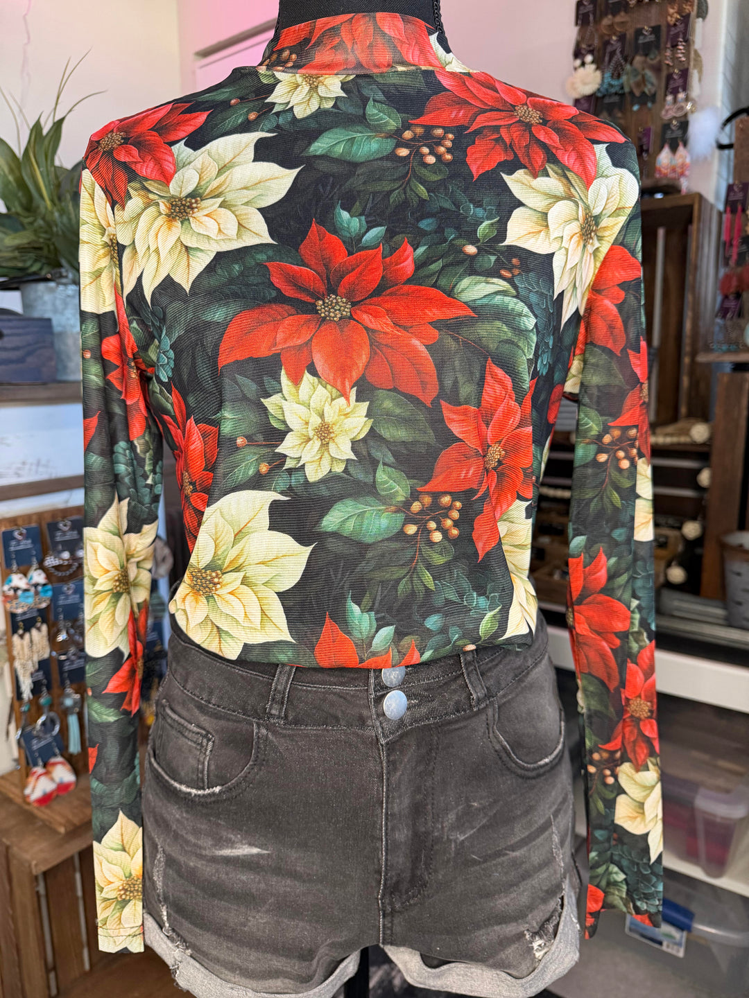 The Midnight Poinsettia Mesh Top