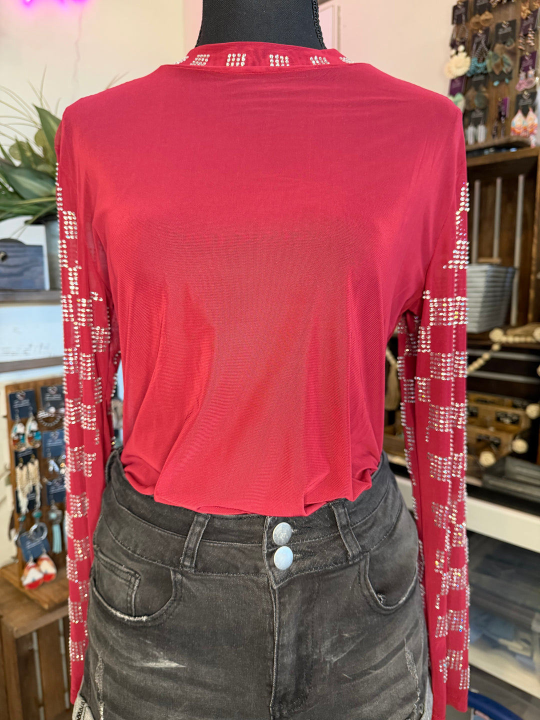 The Rhinestone Rodeo Red Mesh Top