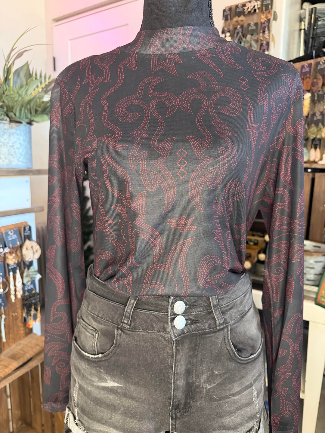 The Tooled in Red Mesh Top