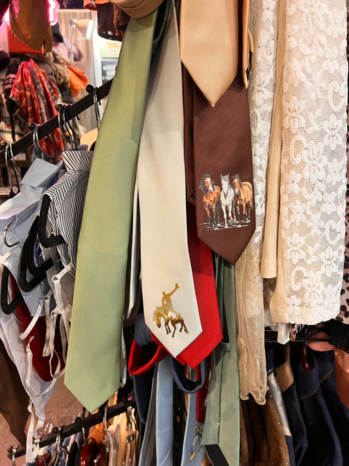 Collection of ties on a rack with various patterns and colors.