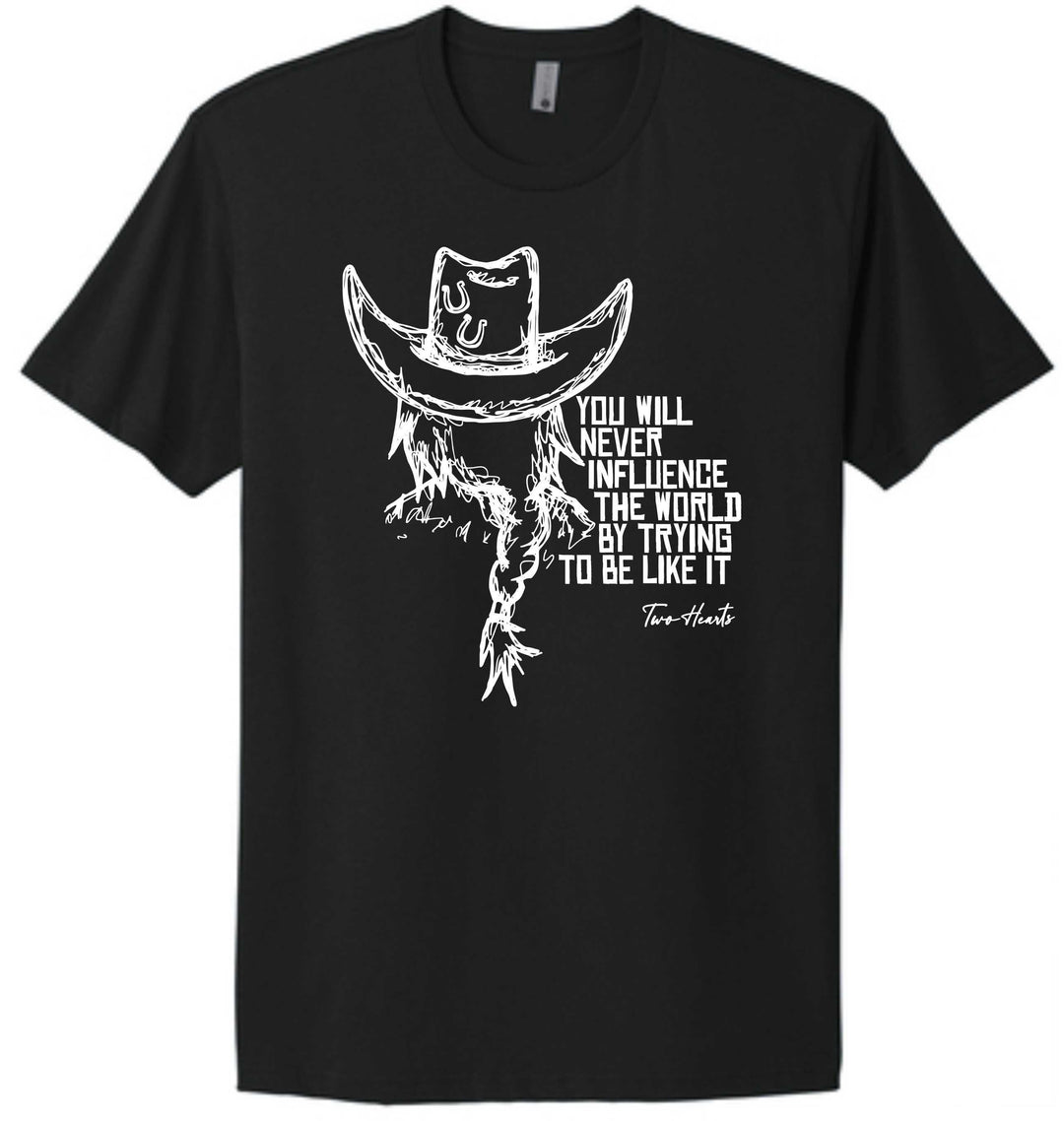 Black t-shirt with white graphic and text on a white background