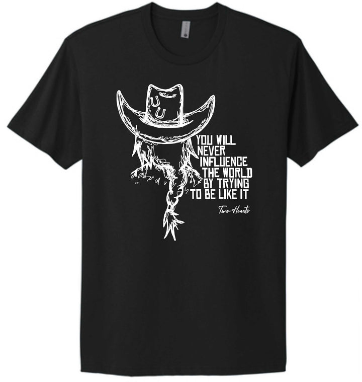 Black t-shirt with white graphic and text on a white background