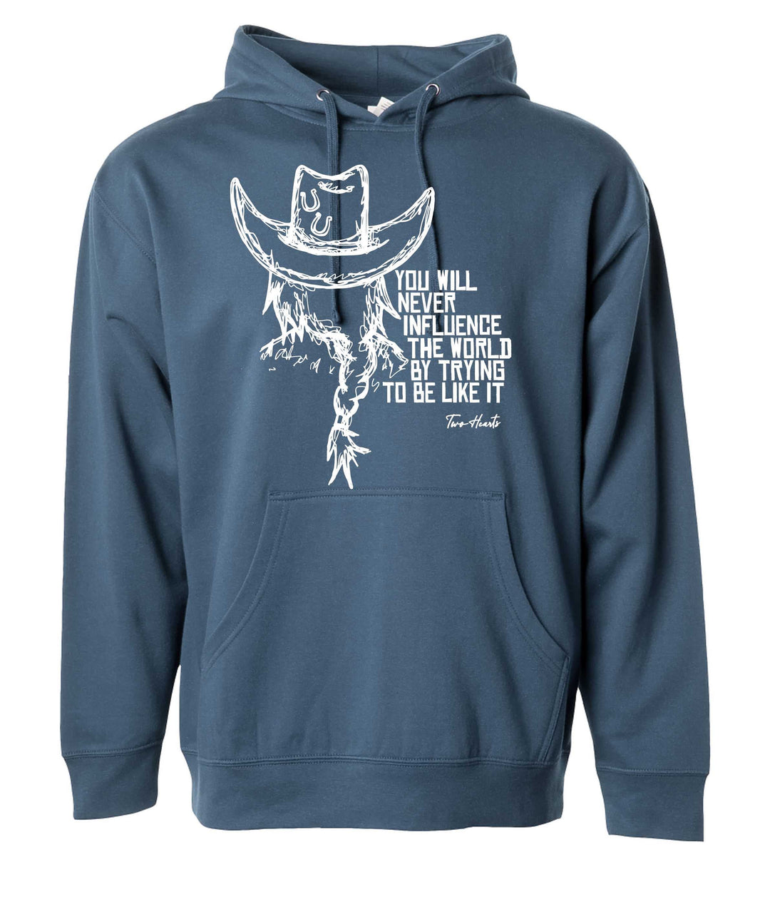 Blue hoodie with white graphic and text on a white background