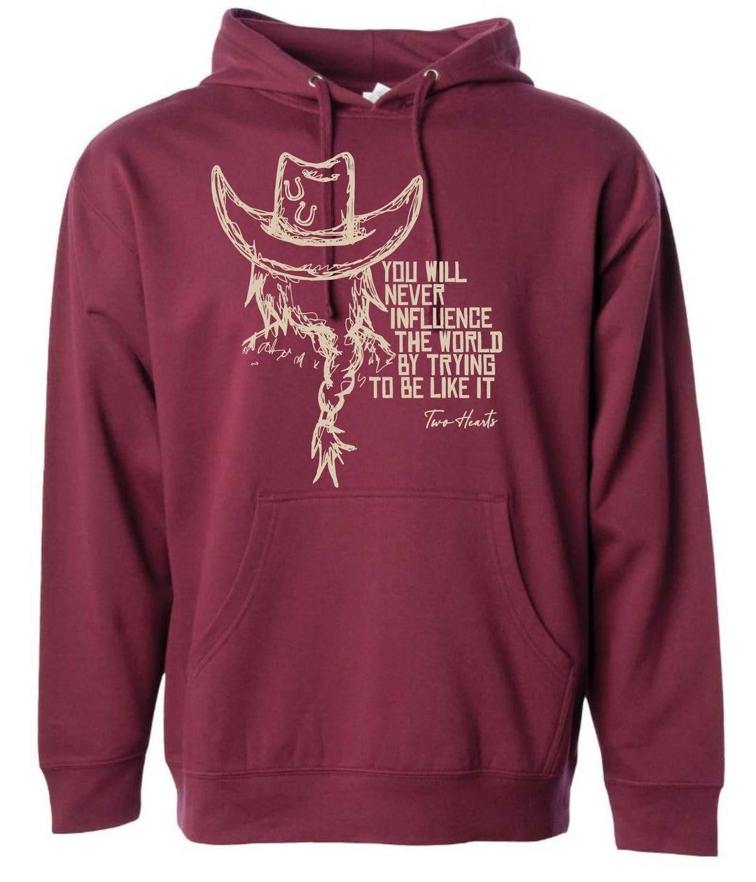 Maroon hoodie with a graphic design and text on a white background