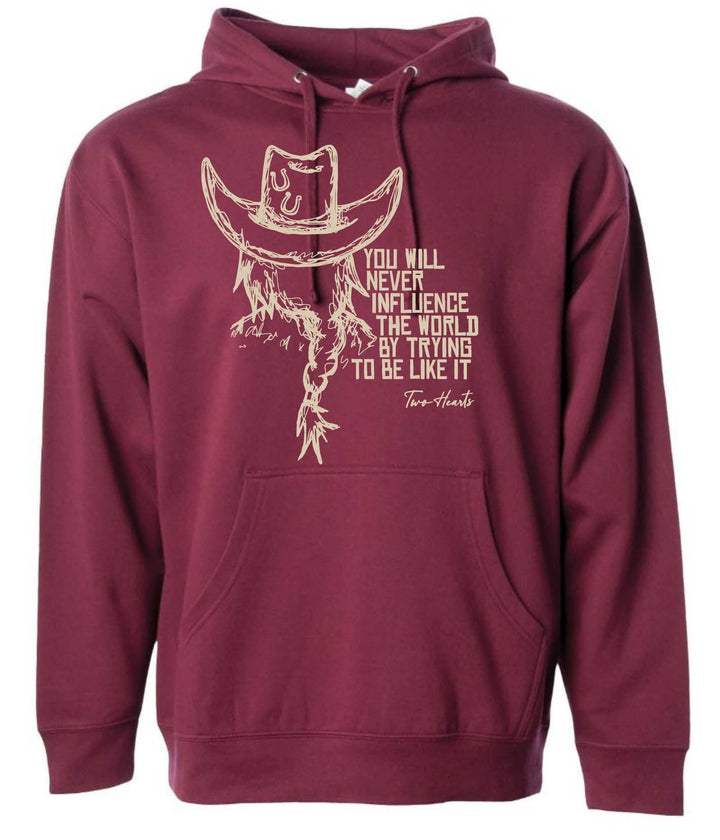 Maroon hoodie with a graphic design and text on a white background