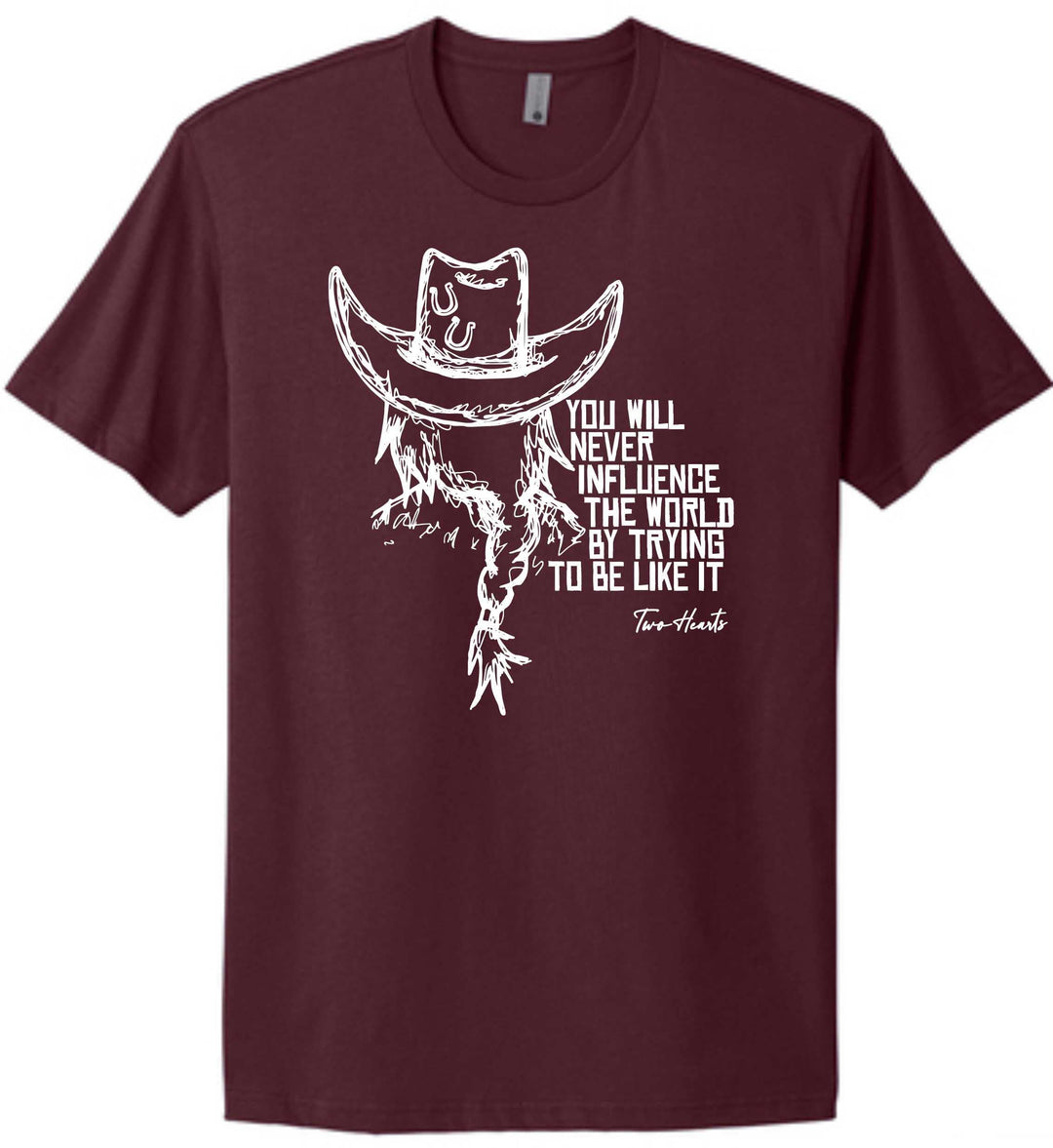 Maroon t-shirt with white graphic and text on a white background