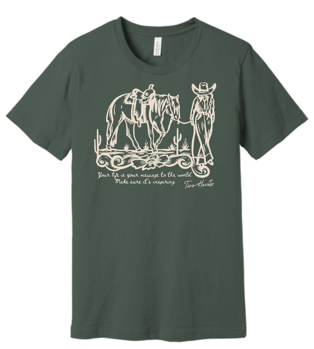 Green t-shirt with a graphic of a cowboy and horse and text on a white background